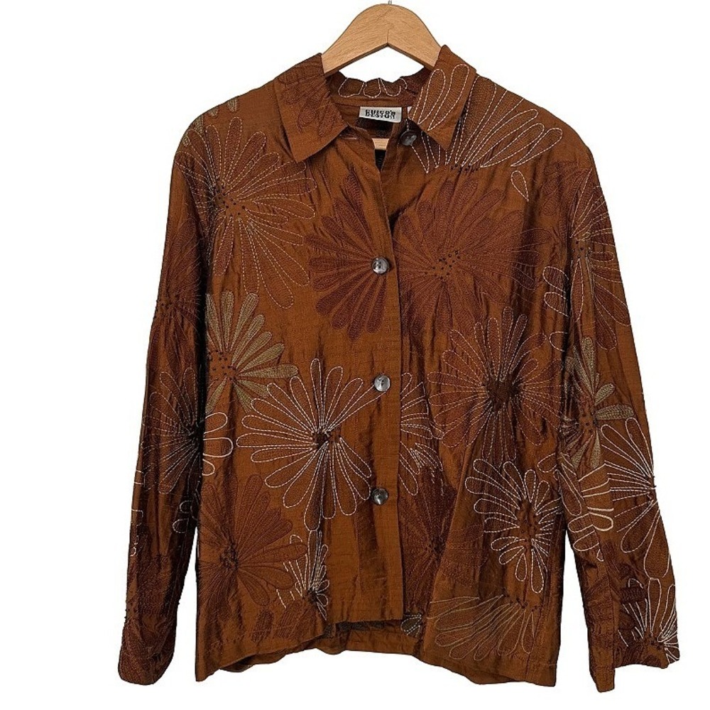 Chicos Design Silk Button Up Shirt Floral Embroidered Beaded Brown Boho Size LG*